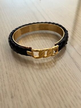 Vintage Italian 24K Gold Plated Genuine Leather Bangle / Cuff Bracelet